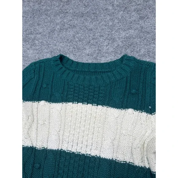 Hollister Women XS Striped Cable Knit Sweater Forest Green Cream Crewneck 3R3667 - Picture 9 of 9